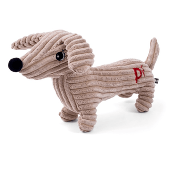 Sausage dog style dog toy with a long body made from cord effect fabric with floppy ears and a round black fleece nose stood on a white background.