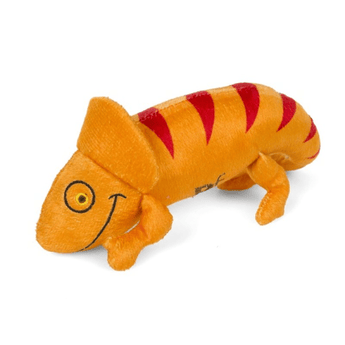 Orange plush Chameleon Cat toy with red stripe and eye and smile stitch details on a white background.