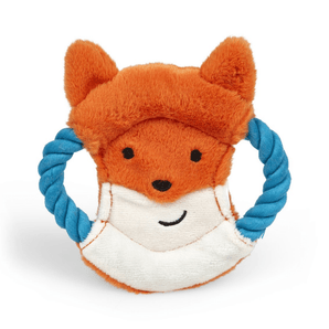 Front view of fox face dog toy made with soft orange fleece with a white fabric chin, smiley face stitch details. Blue rope handles on each side on a white background.