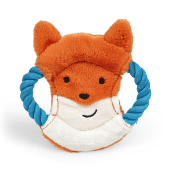 Front view of fox face dog toy made with soft orange fleece with a white fabric chin, smiley face stitch details. Blue rope handles on each side on a white background.