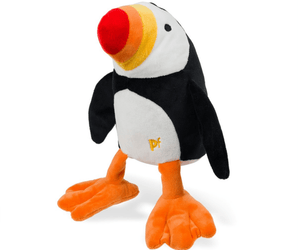 Plush Puffin dog toy with a red, orange and yellow beak and orange feet, standing on a white back ground.