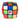 Front view of retro style cube dog toy with blue, green, orange, yellow and white squares with stitch detail 'PF' on a middle white square on a white background.