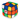 A retro style cube dog toy with blue, green, orange, yellow and white squares with stitch detail 'PF' on a middle white square on a white background.