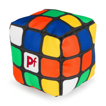 A retro style cube dog toy with blue, green, orange, yellow and white squares with stitch detail 'PF' on a middle white square on a white background.