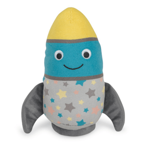 Front view of rocket dog toy with yellow top, blue middle, grey wings and bottom with multicoloured stars. Stitch detail of smiley face. Sat on a white background.