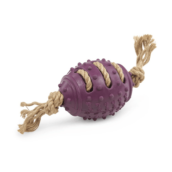White background with a purple Petface Rubber Rugby Ball Dog Toy with rope.
