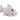 Close up view of grey plush toy shark with orange 'PF' detail on tail on white background.