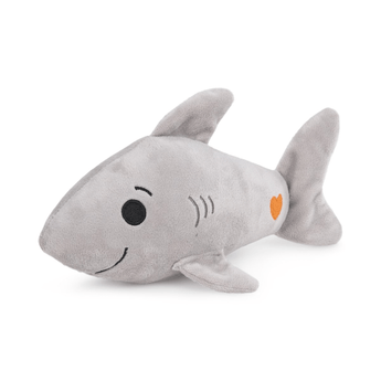 Side view of grey plush toy shark with orange heart detail on tail on white background.