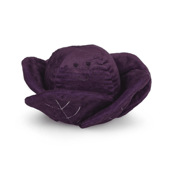 White background with a front view of a plush toy red cabbage with stitched eyes and smile.