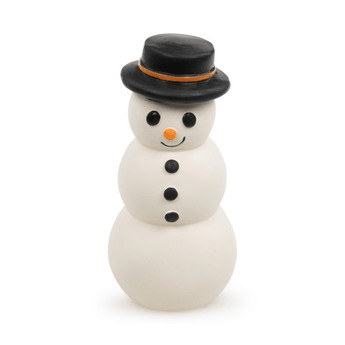 White background with a latex snowman dog toy pictured, the snowman is wearing a top hat and has an orange nose and black facial features.