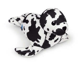 Black and white seal plush dog toy on a white back ground.