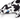 Close up view of black and white seal plush dog toy's side with stitch detailing of text 'PF' on a white background.