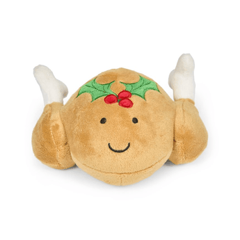 White background with a front view of a plush dog toy roast turkey with a holly stitched on the top and stitched eyes and smile.