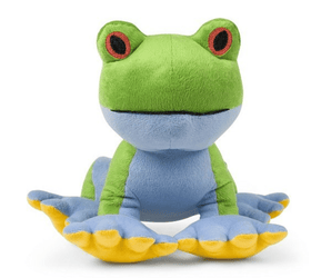 Green frog plush dog toy with a blue underside, yellow feet and red eyes sitting on a white background.