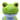Close up of green frog plush dog toy with a blue underside and red eyes on a white background.