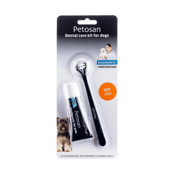 White background with a packet containing a Petosan Double Headed Toothbrush for small dogs and a small tube of Petosan Toothpaste. On the packet is a Yorkshire terrier dog.