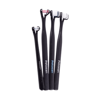 White background with a four black doubled headed toothbrushes for dogs pictured.