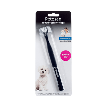 White background with a packet containing a Petosan Double Headed Toothbrush for small dogs. On the packet is a white Maltese dog.