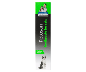 White background with a box of Petosan Toothpaste for Cats, on the packet is a an adult black and white cat. Above the cat text says 'Recommended by veterinarians, new improved formula, poultry flavour'