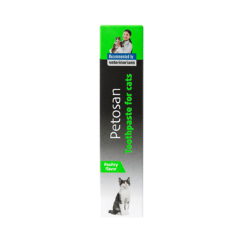 White background with a box of Petosan Toothpaste for Cats, on the packet is a an adult black and white cat. Above the cat text says 'Recommended by veterinarians, new improved formula, poultry flavour'