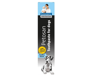 White background with a box of Petosan Toothpaste for Dogs, on the packet is a an adult black and white great Dane dog. Above the dog text says 'Recommended by veterinarians, new improved formula, poultry flavour'.