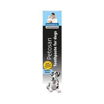 White background with a box of Petosan Toothpaste for Dogs, on the packet is a an adult black and white great Dane dog. Above the dog text says 'Recommended by veterinarians, new improved formula, poultry flavour'.