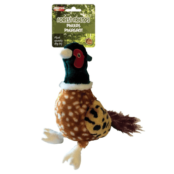 Large Pheasant dog toy with green and red head, animal print belly and wings and tail attached to a green cardboard backing with white text 'Forest Friends Phileas Pheasant' and smaller text saying 'Plush squeaky dog toy' pictured on a white background.