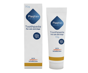 Plaqtiv+ toothpaste packaging for cats and dogs on a white background