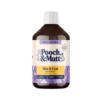 A bottle of Pooch & Mutt Salmon Oil skin and coat treatment for dogs, featuring a white cap, amber brown bottle, and a cream, purple, and yellow label.