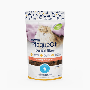 White background with a packet of ProDen PlaqueOff Dental Bites Salmon flavour for Cats. Pictured on the packet is a long haired tabby cat.