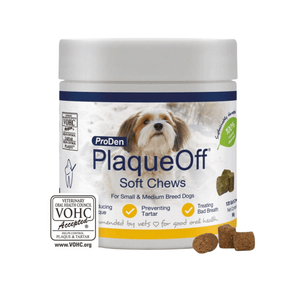 White background with a tub of ProDen PlaqueOff Soft Chews for Small Dogs.