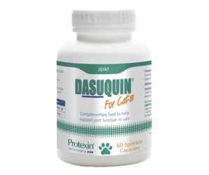 White background with a bottle of Protexin Dasuquin 60 sprinkle capsules picutred. Text on the bottle reads 'For cats, complementary feed to help support joint function in cats.'