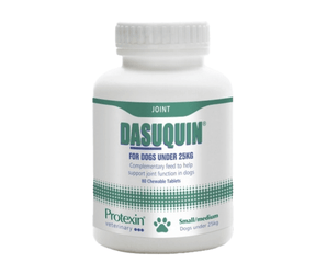 White background with a bottle of Protexin Dasuquin 80 tablets picutred. Text on the bottle reads 'For dogs under 25kg, complementary feed to help support joint function in dogs.'