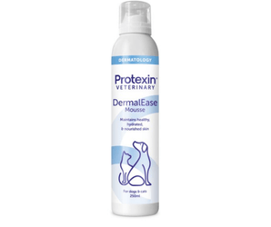 White background with a bottle of Protexin DermalEase Mousse picutred. On the box is an outline of a cat and dog. Text on the box reads 'DermalEase Mousse, Maintains healthy, hydrated, & nourished skin, for dogs and cats'.