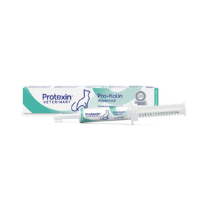 White background with a box and syringe of Protexin Pro-Kolin Advanced picutred. On the box and syringe is an outline of a cat. Text on the box reads 'A paste to support gut health, soothe the gut lining & firm up feaces'.