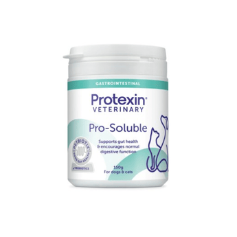 White background with a bottle of Protexin Pro-Soluble for cats and dogs capsules picutred. On the bottle is an outline of a cat and dog. Text on the box reads 'Supports gut health & encourages normal digestive function.'