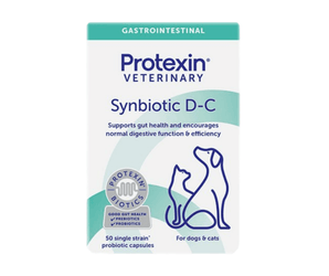 White background with a box of Protexin Synbiotic D-C capsules picutred. On the box is an outline of a cat and dog. Text on the box reads 'Supports gut health and encourages normal digestive function & efficiency.'