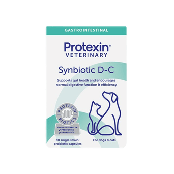 White background with a box of Protexin Synbiotic D-C capsules picutred. On the box is an outline of a cat and dog. Text on the box reads 'Supports gut health and encourages normal digestive function & efficiency.'