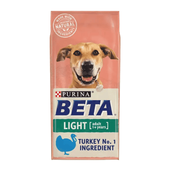 White background with a pink bag of Purina Beta Light Adult Dog Food. Pictured on the bag is a Vizsla dog, text on the bag reads 'Purina Beta, Light, Adult (1+ years) Turkey No.1 Ingredient.'