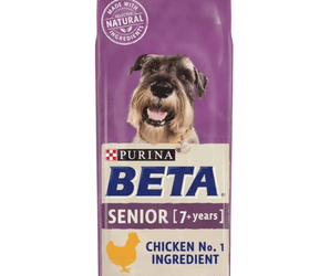 White background with a purple bag of Purina Beta Senior Food. Pictured on the bag is a Schnauzer dog text on the bag reads 'Purina Beta, Senior (7+ years) Chicken No.1 Ingredient.'