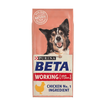 A bag of Purina Beta Working adult dog food, Chicken No. 1 Ingredient, featuring a photo of a black and white dog on a salmon-pink background with a cream lower section.