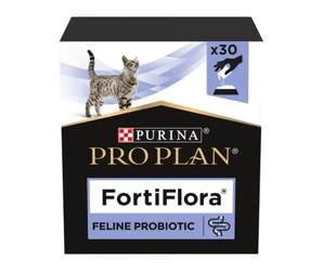 White background with a black and white box of Purina Pro Plan FortiFlora Feline Probiotic with a picture of a tabby cat on the box.