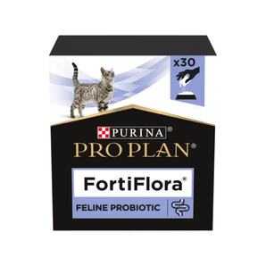 White background with a black and white box of Purina Pro Plan FortiFlora Feline Probiotic with a picture of a tabby cat on the box.