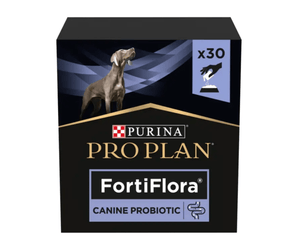White background with a black box of Purina Pro Plan FortiFlora Canine Probiotic with a picture of a Weimaraner on the box.