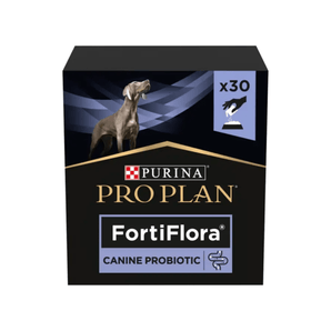 White background with a black box of Purina Pro Plan FortiFlora Canine Probiotic with a picture of a Weimaraner on the box.