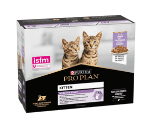 White background with a side view of white and black box of Purina Pro Plan Kitten Healthy Start. Pictured on the box is an adult silver tabby cat.