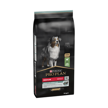 White background with a black bag of Purina Pro Plan Medium Sensitive Digestion dry food. Pictured on the bag is an adult tri-coloured collie dog.