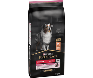 White background with a black bag of Purina Pro Plan Medium Sensitive Skin dry food. Pictured on the bag is an adult tri-coloured collie dog.