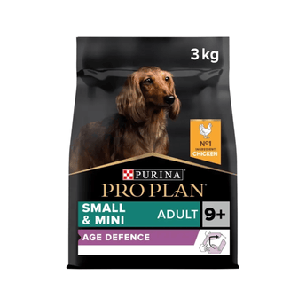 White background with a black bag of Purina Pro Plan Mini/Small Adult 9+ Age Defence dry food. Pictured on the bag is an adult long haired dachshund dog.