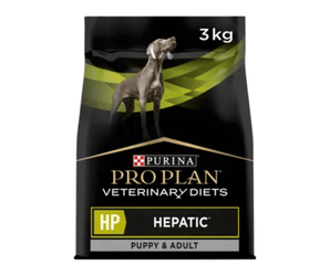 White background with a black bag of Purina Pro Plan Veterinary Diets HP Hepatic for Puppy & Adult. Pictured on the bag is an adult Weimaraner dog.